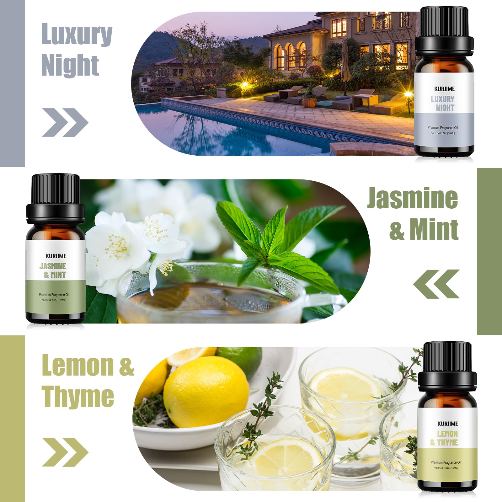Fragrance Oils, Hotel Collection Diffuser Oil, Luxury Hotel Essential Oil Set for Diffuser, Soap & Candle Making Scents - Luxury Night, Jasmine & Mint, Lemon & Thyme, White Tea, Floral Citrus, My Way