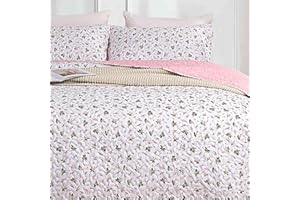 Nanko Quilt Set Twin XL Size 2 Pcs, White and Pink Floral Green Flower Pattern Bedspreads, Soft Lightweight Coverlet Bed Spreads, Farmhouse Thin Quilted Comforter Bedding Sets for Women Girls, 68x90