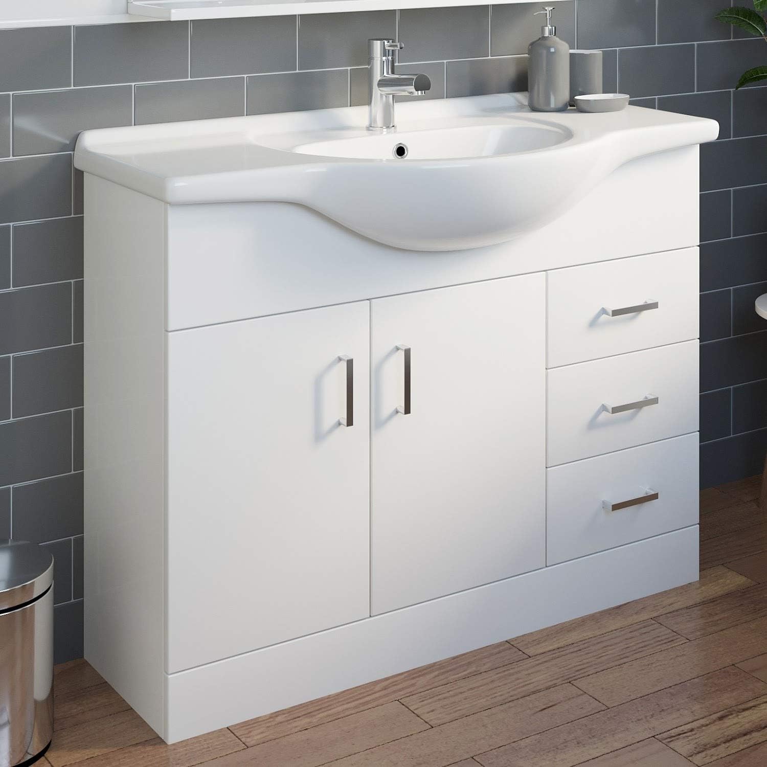Guaranteed Essentials 1050mm Bathroom Vanity Unit Basin Sink Gloss White Floorstanding Tap Waste Kitchen Home Gorgeous Stinnos Pk
