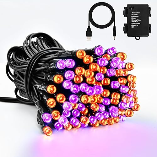 Dalugo Battery String Lights, 5M 50LED USB Orange Purple String Lights with Timer, 8 Mode IP65 Waterproof with Black Cable for Indoor and Outdoor