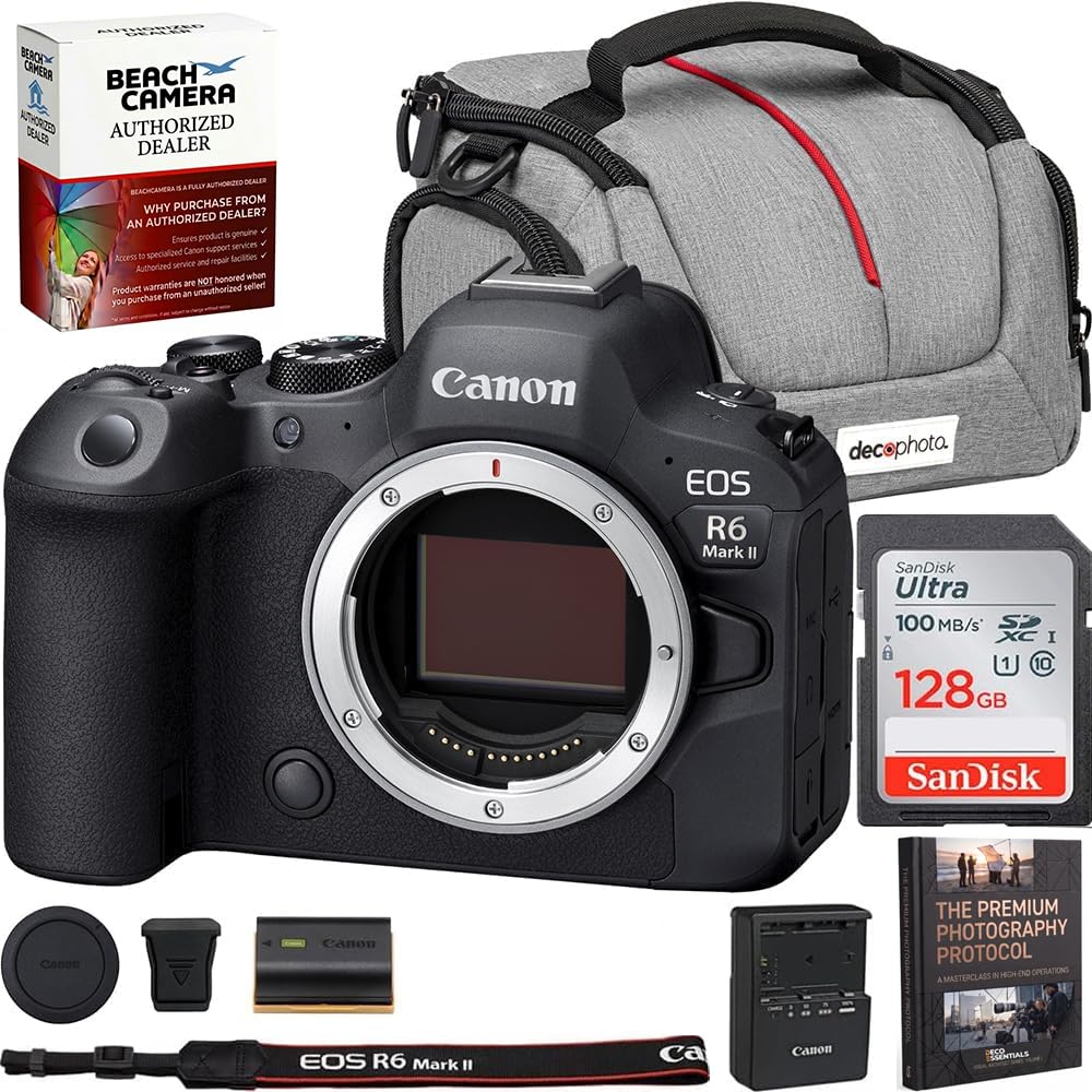 Canon EOS R6 Mark II Mirrorless Camera Body Bundle | 4K 60p, Dual Pixel CMOS AF II | Sandisk 128GB Memory Card + Deco Essentials Camera Bag Kit