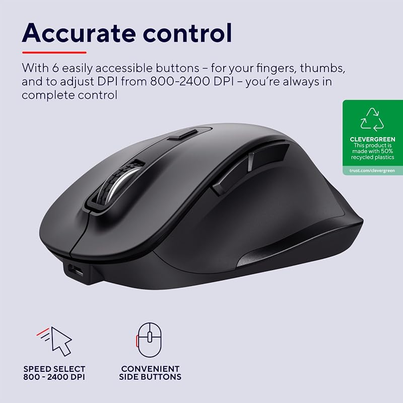 Mouse sem fio recarregável trust fyda, design sustentável, 800-2400 dpi, 6 botões, suporte para polegar, 2,4 ghz, receptor usb, mouse ergonômico para laptop, pc, macbook, escritório