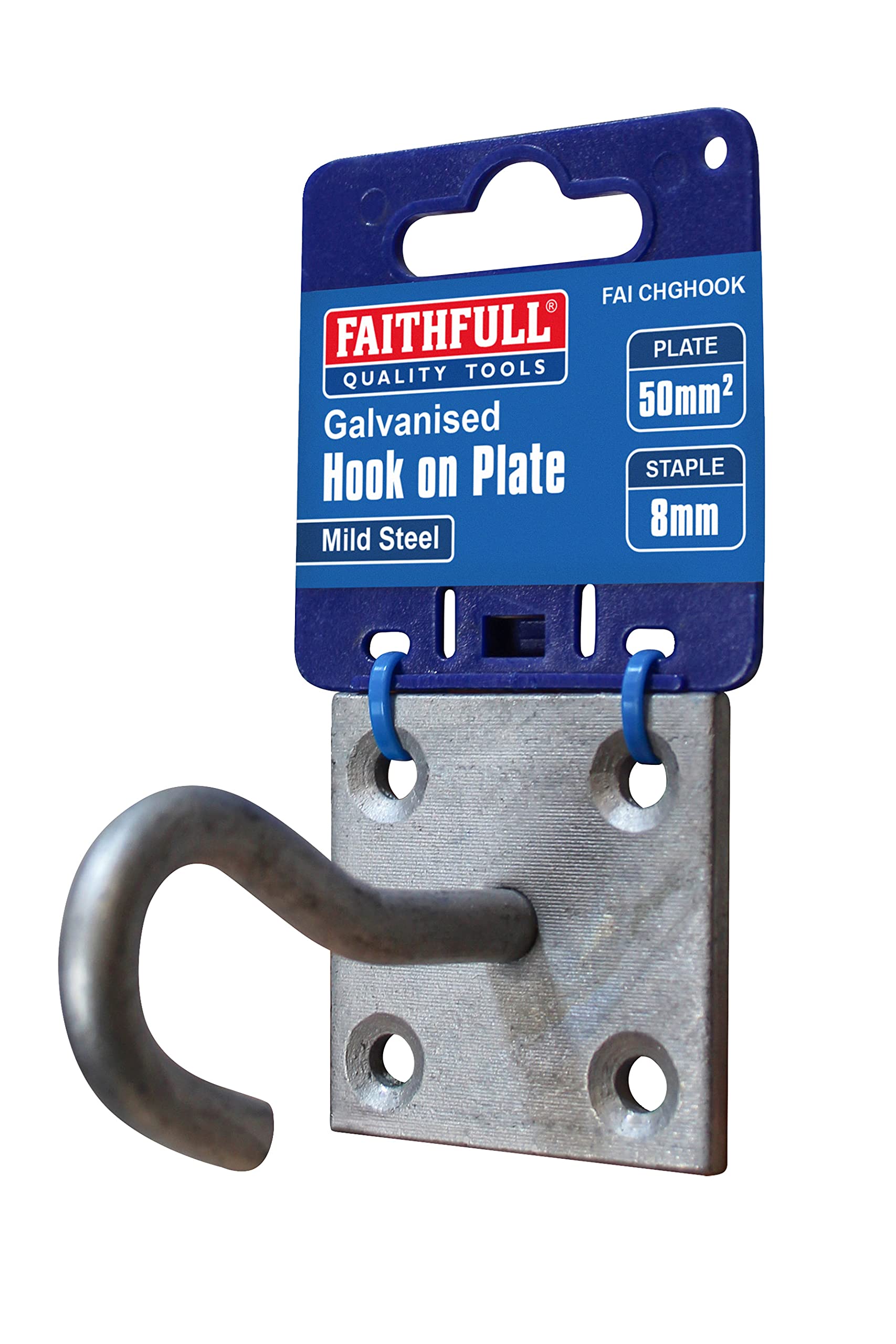 Faithfull FAICHGHOOK 8 mm (Dia) Galvanised Steel Hook On Pre-Drilled Plate (50 x 50 mm),Silver