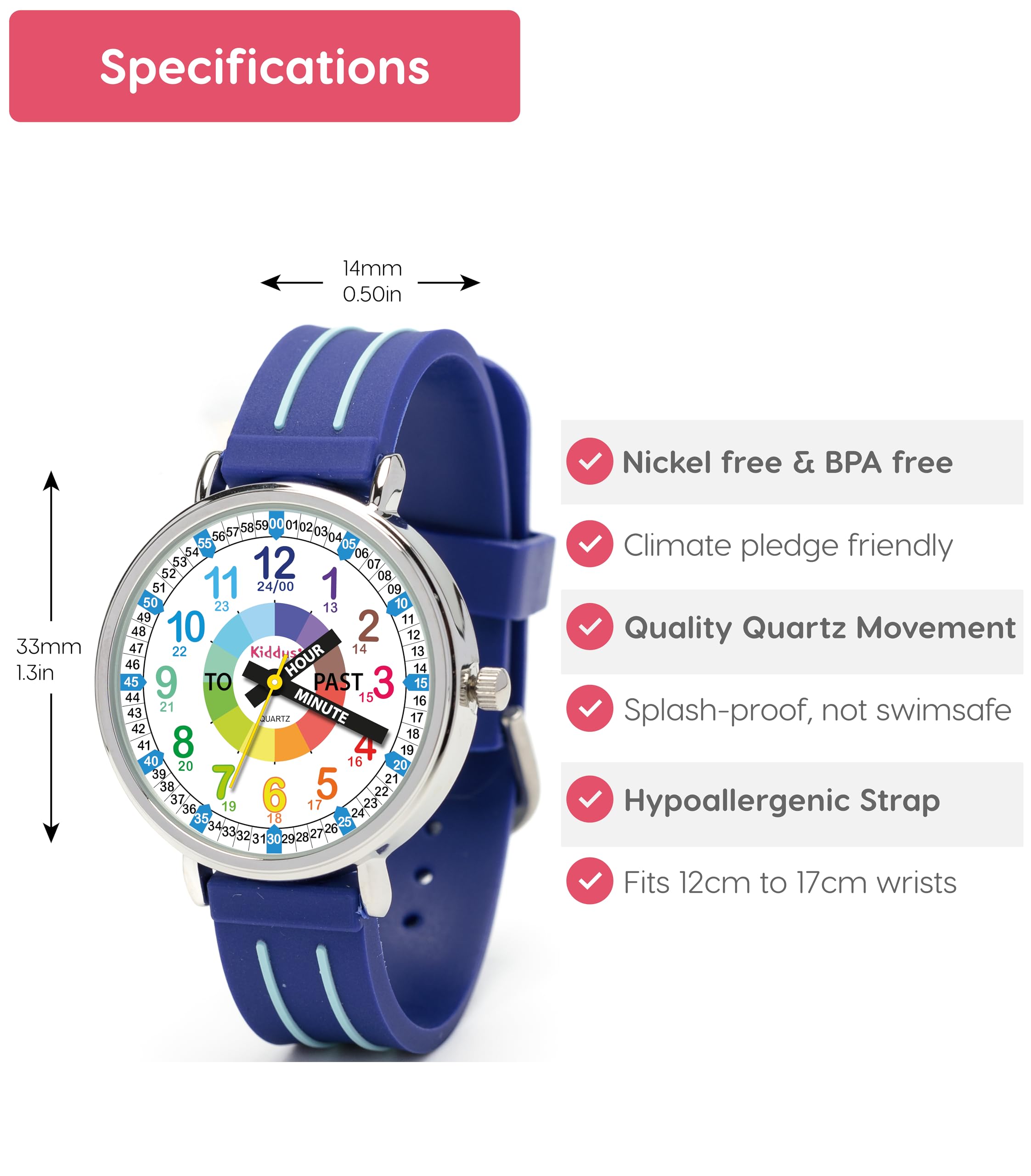 Kiddus Watches Boy and Girl Kids Ages 6-12 Analog Time Teacher with Exercises. Japanese Quartz Movement. Easy to Read and Learn Time. Girls Watches Ages 5-10