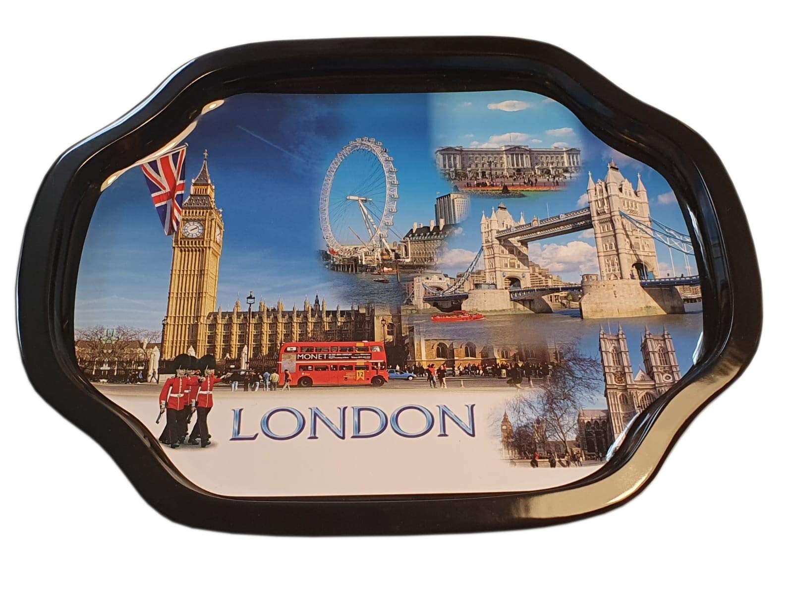 London Photo Collage Small Serving Tray - Blue Sky/Big Ben/Tower Bridge/Westminster Abbey/Red Double-Decker Bus/Royal Guard/Buckingham Palace/Union Jack/British Souvenir England UK