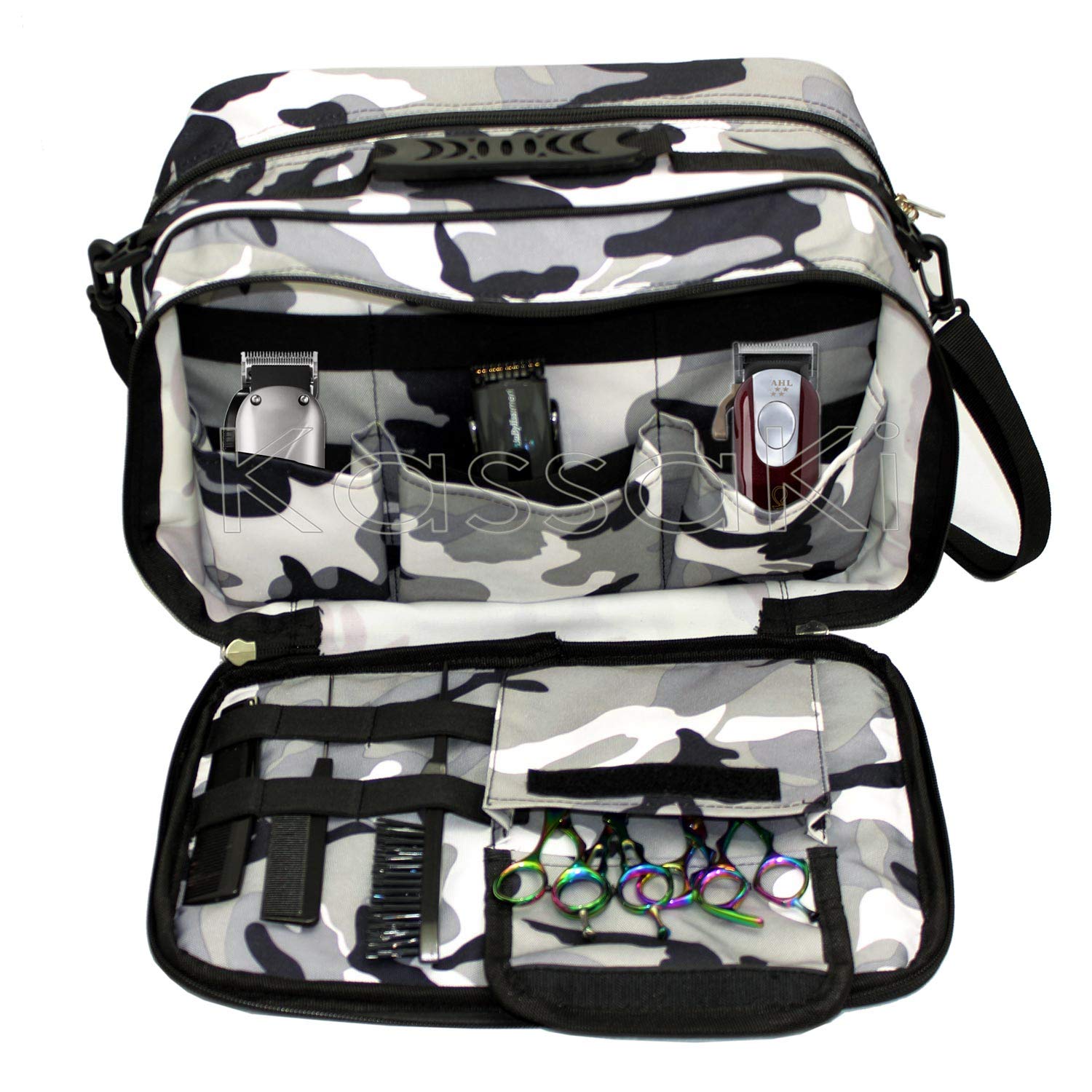 Kassaki Pro Hairdressing Bag-Barber Tool Carry Bag Grey Camo-Large Storage Salon Travel Case with Spacious Compartments-Loops & Pockets for Professional Tools