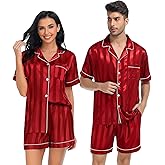 SWOMOG Satin Matching Pajamas Sets Couple Silk Button Down Nightwear Women & Men Short Sleeve Sleepwear 2 Pieces Loungewear