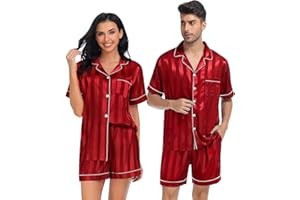 SWOMOG Satin Matching Pajamas Sets Couple Silk Button Down Nightwear Women & Men Short Sleeve Sleepwear 2 Pieces Loungewear