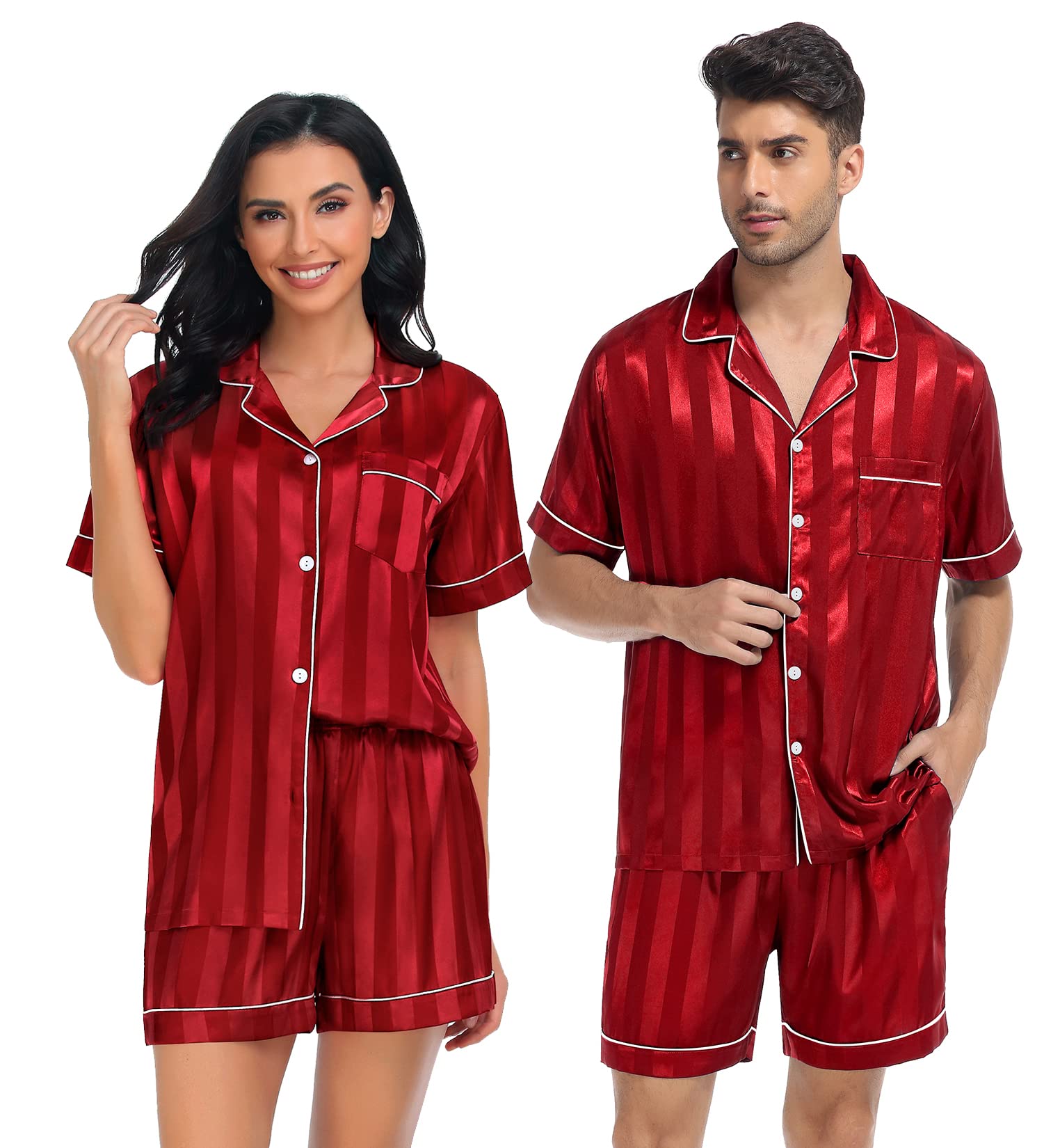 Photo 1 of ***(PARTIAL SET/ ONLY 1)***SWOMOG Satin Matching Pajamas Sets Couple Silk Button Down Nightwear Women & Men Short Sleeve Sleepwear 2 Pieces Loungewear