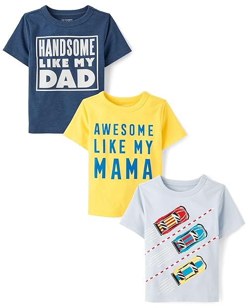 The Children's Place,Baby Boys,and Toddler Family,Mom,Dad,Sibiling Short Sleeve Graphic T-Shirts,Multipacks,Handsome/Awesome/Cars 3-Pack,2 Years