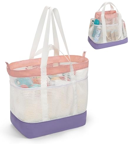 Large Mesh Beach Tote Bag - Foldable, Sand Drains Easily, Holds Toys & Essentials, Green, Reinforced Bottom