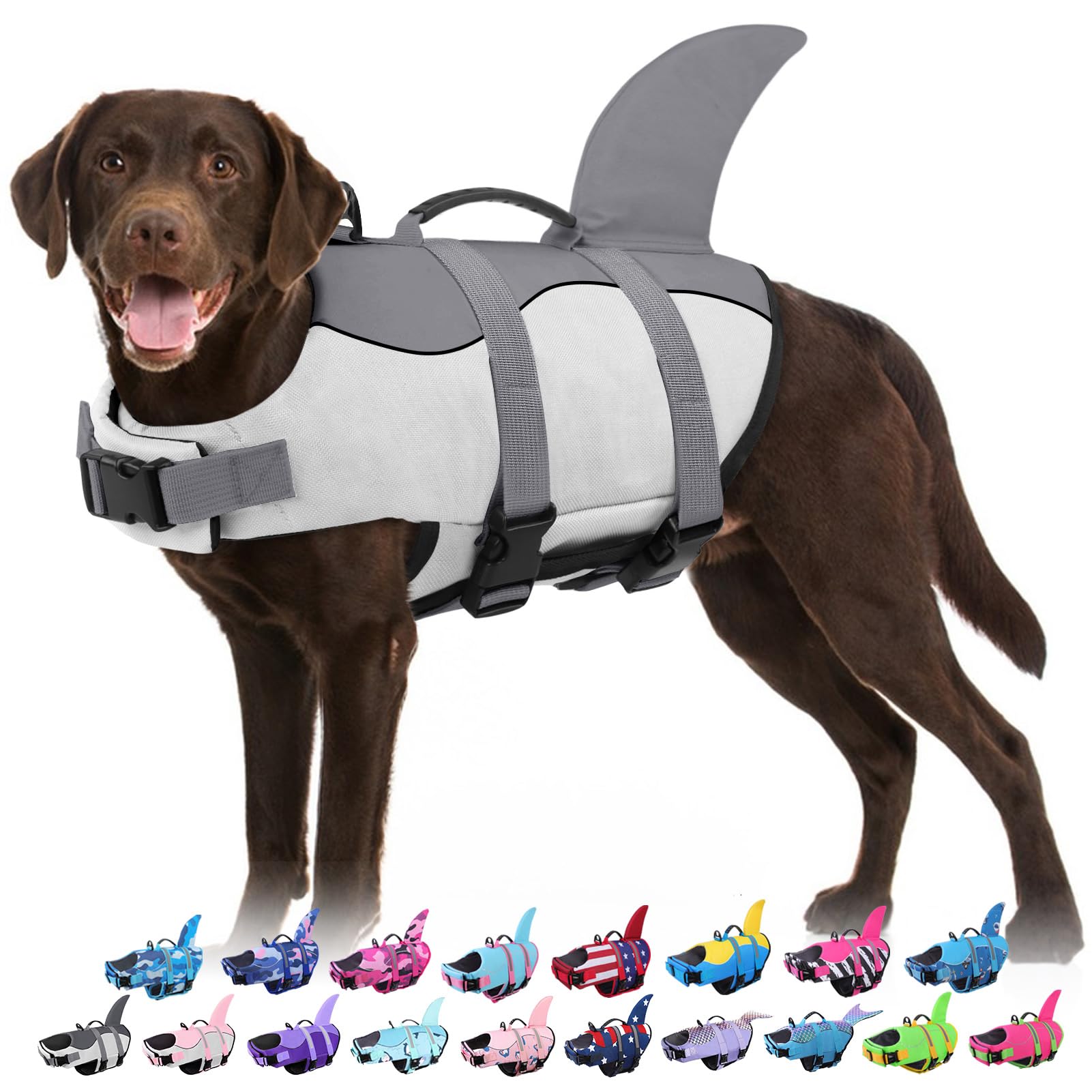 Bess Bridal Dog Life Jacket - Shark Life Vest for Swimming Boating - Reflective Lifejacket Swimsuit for Small Medium Large Dogs - High Buoyancy Lifesaver Preserver with Rescue Handle, Grey Shark L