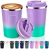 Volhoply 12 oz Double Wall Insulated Vacuum Travel Coffee Mug with Flip Lid Bulk 2 Pack,Reusable Stainless Steel Leak Proof Coffee Cup,Cafe Thermal Tumbler for Cold & Hot Drinks(Purple Green,2 Set)