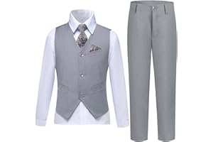 LOPEN STU Boys Suit Formal Dress Pants Vest Suit Set for Boys Wedding Outfits with Dress Shirt Tie and Pocket Square