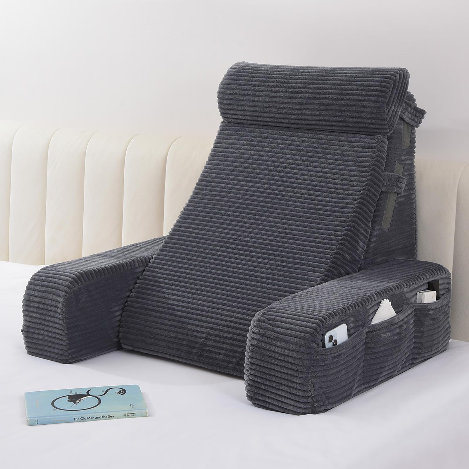 Photo 1 of Vekkia Adjustable Reading Pillow & Back Pillow with Backrest – Zoned Multi-Density Foam for Targeted Support, XL Side Pockets – Bed Chair for Reading, Gaming, Relaxing & Post-Surgery Recovery