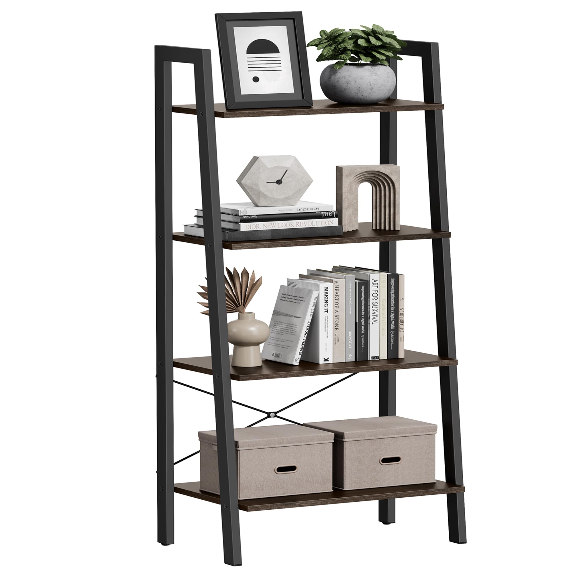 Photo 1 of **MISSING PARTS** VASAGLE Ladder Shelf, 4-Tier Bookshelf, Storage Rack, Bookcase with Steel Frame, for Living Room, Home Office, Kitchen, Bedroom, Industrial Style, Hickory Brown and Ink Black ULLS44BF