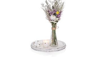 Krismax 12in Round Decorative Tray Rustic Wooden Serving Tray，White Beaded Tray Home Decor for Farmhouse Dinning Table, Kitchen Countertop, Coffee Table,Living Room