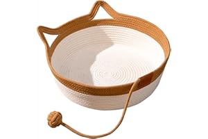 Panbo Hand Woven Cat Bed with Toy Tail, Kitten Shaped House Natural Cotton Linen Cat Scratch pad, Breathable and Odorless Indoor Puppy Bed Mat - Brown S