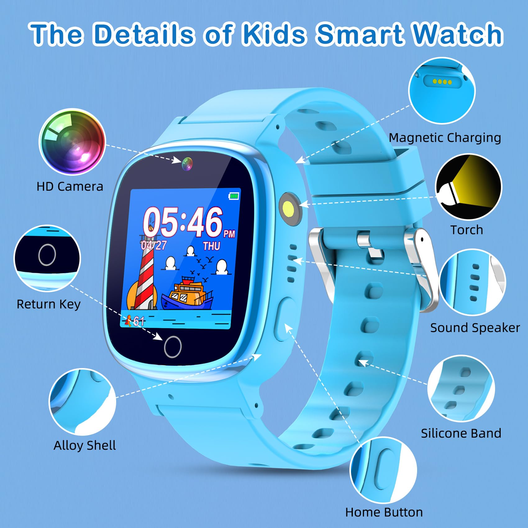 Kids Watch with 24 Puzzle Games, HD Touch Screen Smart Watches for Kids with Camera Video Music Player Pedometer Flashlight Alarm, 12/24hr Watch for Boys, for Boys 3-12, Blue