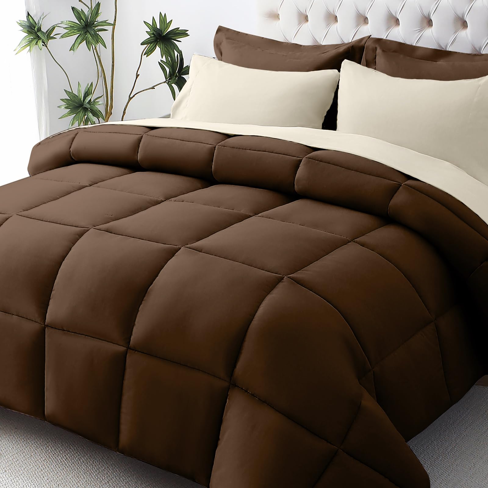 JOLLYVOGUE Twin Comforter Set, Ultra-Soft Bed in a Bag Twin Size 5 Pieces, Oeko-TEX Certified Bedding Set with Down Alternative Comforter, Sheets, Pillowcases & Shams, Brown & Beige Image