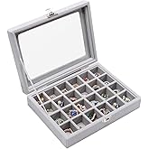 STYLIFING Jewelry Organizer Box 24 Grid, Clear Lid Velvet Jewelry Tray Stackable Jewelry Display Case for Women (24 Grid Grey)