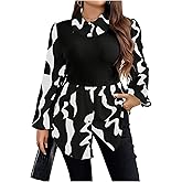 Floerns Women's Plus Size Printed Bishop Long Sleeve Shirt Collared Asymmetrical Hem Button Down Blouses