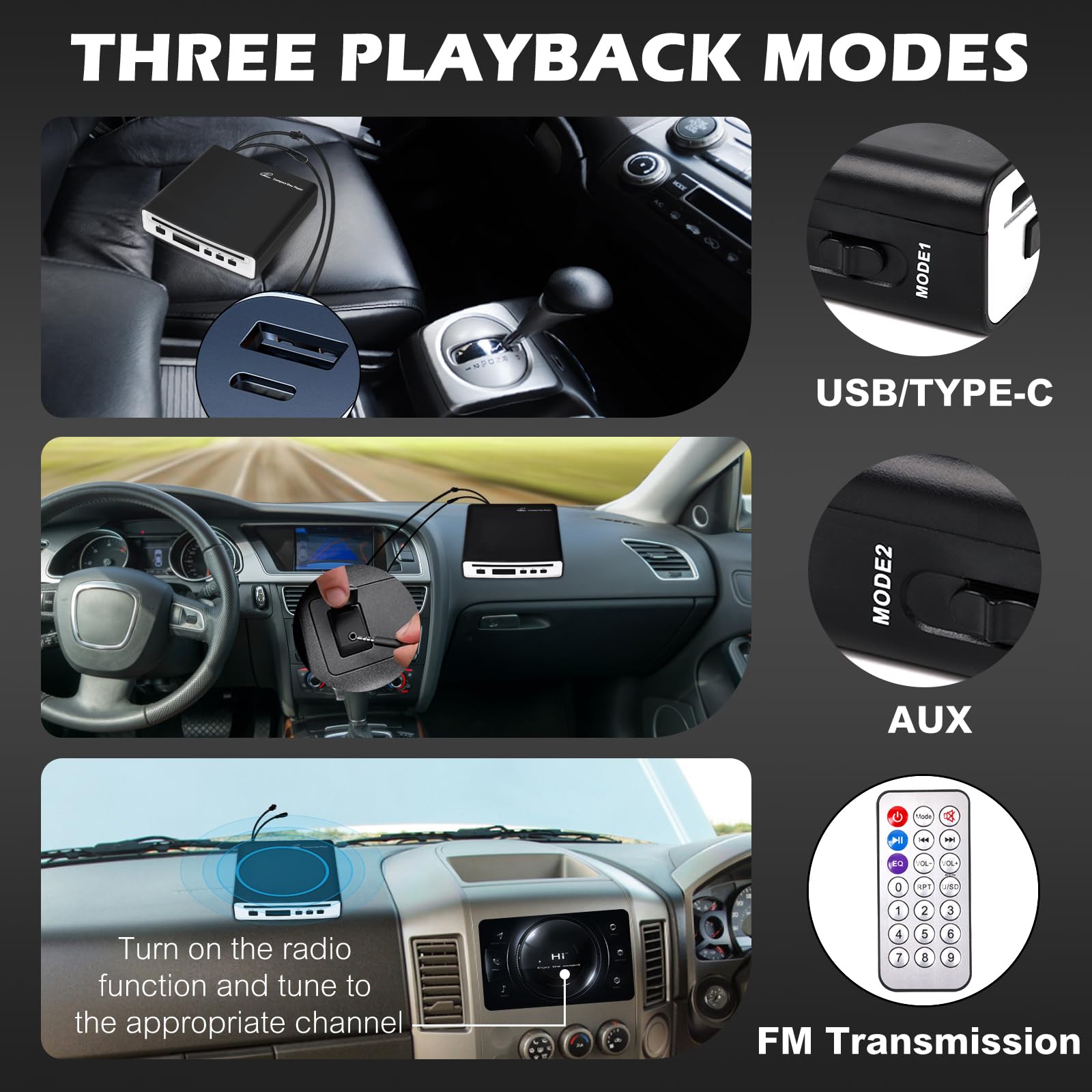 [Updated New Version] FLWLKEJI External Universal Car CD Player Vehicle CD Player,Portable CD Player for Car/TV/Laptop with USB or Type-C Port AUX Port Plug&Play and FM Transmitter Play CDs