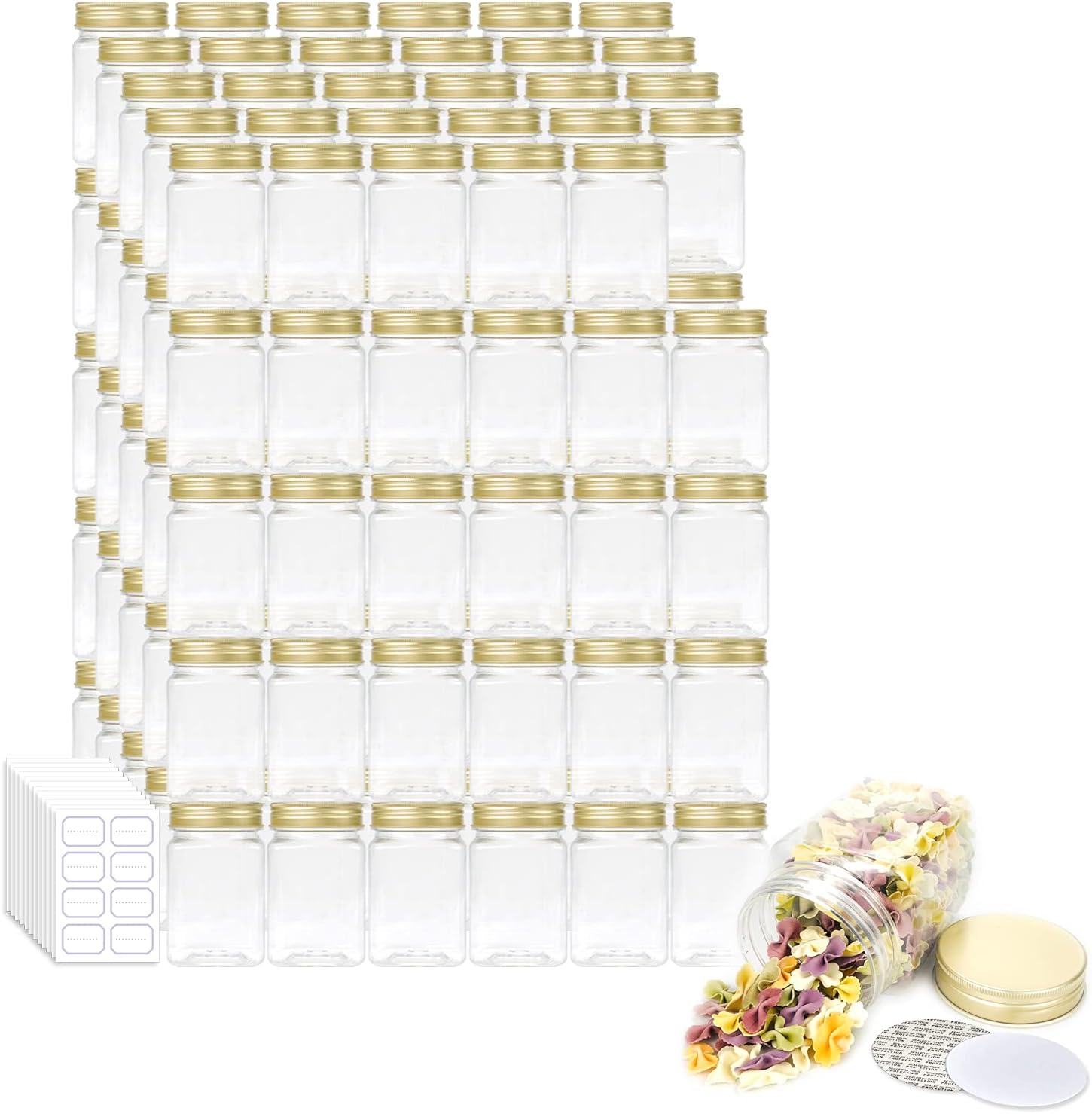 12 oz Transparent Plastic Storage Container with Colorful Metal Lid, BPA-free Refillable Square Pantry Canisters, Food Grade Wide Mouth Jars (150 pack)