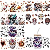 UV DTF Cup Wrap Transfer Stickers for Glass,6 Sheets Skull Cup Rub on Transfers for Crafting Cup Decal Stickers for 16OZ Libbey Glass Cups Furniture Craft Wood DIY Crafts Creative Halloween Gifts