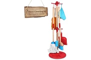 AOKESI Kids Cleaning Set, 7Pcs Wooden Detachable Cleaning Tool -Includes Broom, Mop, Duster, Dustpan, Brush, Rag and Hanging Stand ,Really Children Cleaning Toys, Housekeeping Toys Gift for Girls & Boys
