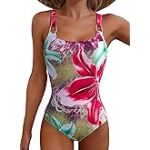 Herseas Women's Metal Ring Wide Straps One Piece Swimsuit Floral Print Tummy Control Bathing Suit