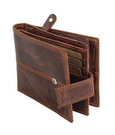 BULL KRAFT Flap Button Closure with Zip Pocket Leather Wallet for Men/Boy (Card Slot - 4, D Brown)