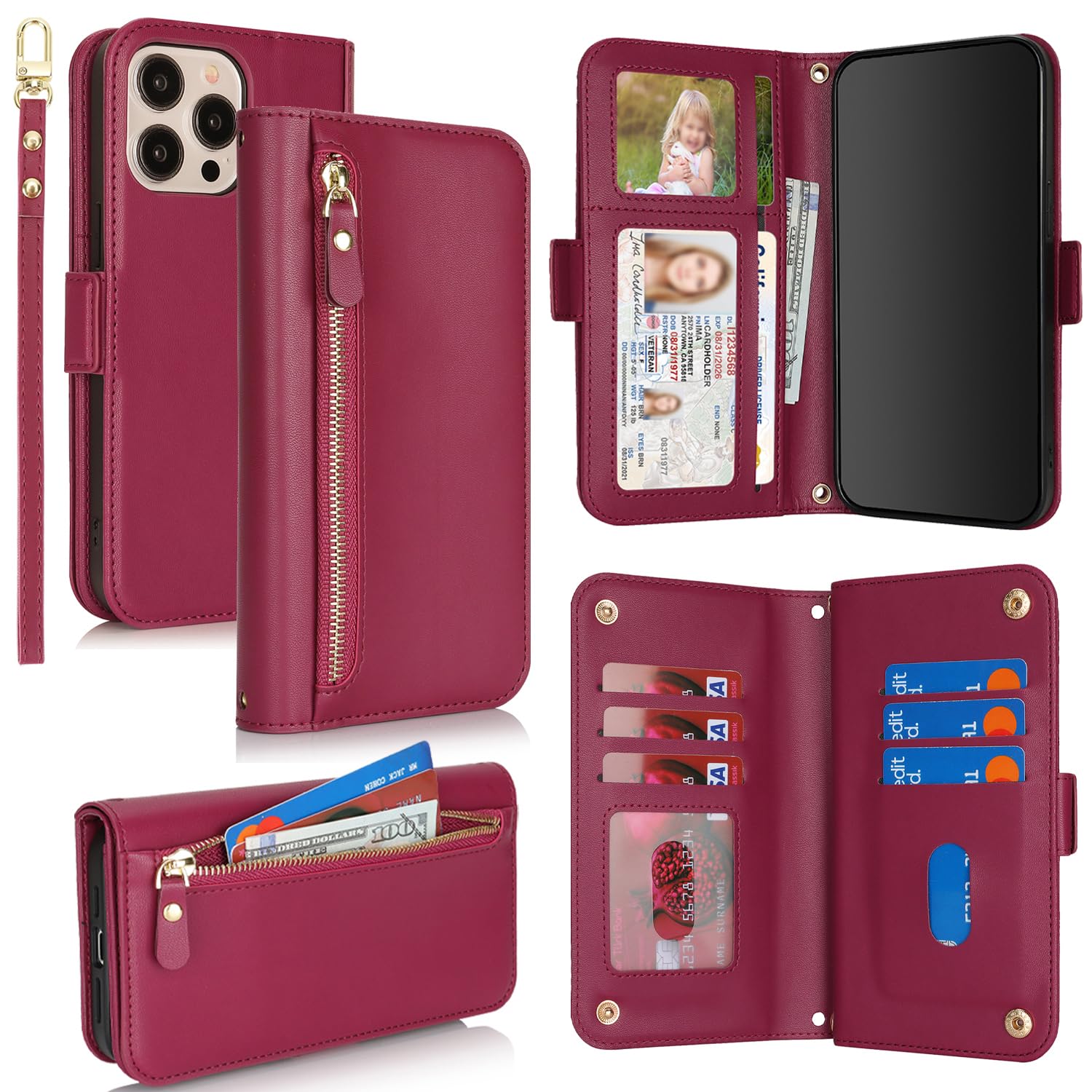 SailorTech for iPhone 12 Pro Max Phone Case Wallet with Card Holder for Women, iPhone 12 Pro Max Wallet Case with Credit Card Slots Flip Case Zipper Shockproof Case for Men - Red