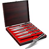 Sunnecko Damascus Steak Knives Set of 6 Non Serrated, Japanese VG10 Stainless Steel Steak knives Dishwasher Safe, 5 Inch Steak Knives G10 Handle with Wood Gift Box