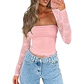 CSDAJIO Women's Going Out Tops Lace Long Sleeve Square Neck Crop Top Shirt Strapless Tube Top and Bolero Set