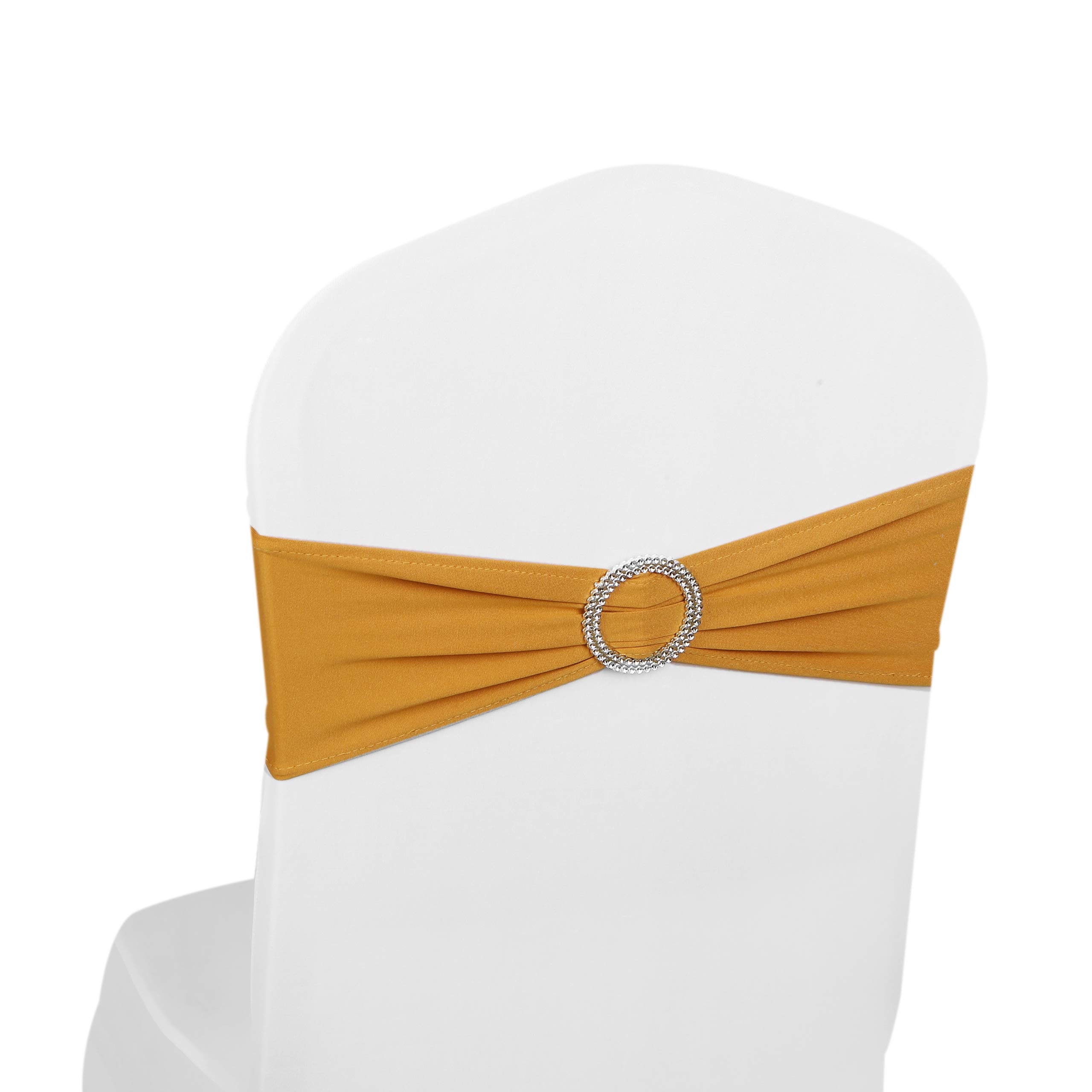 Elastic Stretch Spandex Chair Covers Sashes Bands With Buckle Bows For Wedding Home Party Suppliers Decorations (Gold, 50PCS)