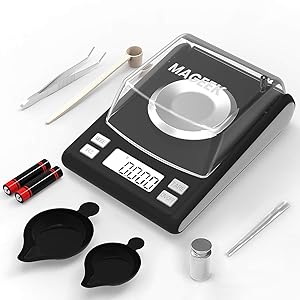 Milligram Scale, Maxus Reloading Scale 50g x 0.001g, Mini MG Pocket Powder Scale with 20g Calibration Weights Tweezer and Trays, 6 Units Coversion and Bright LCD Display (Battery Included)