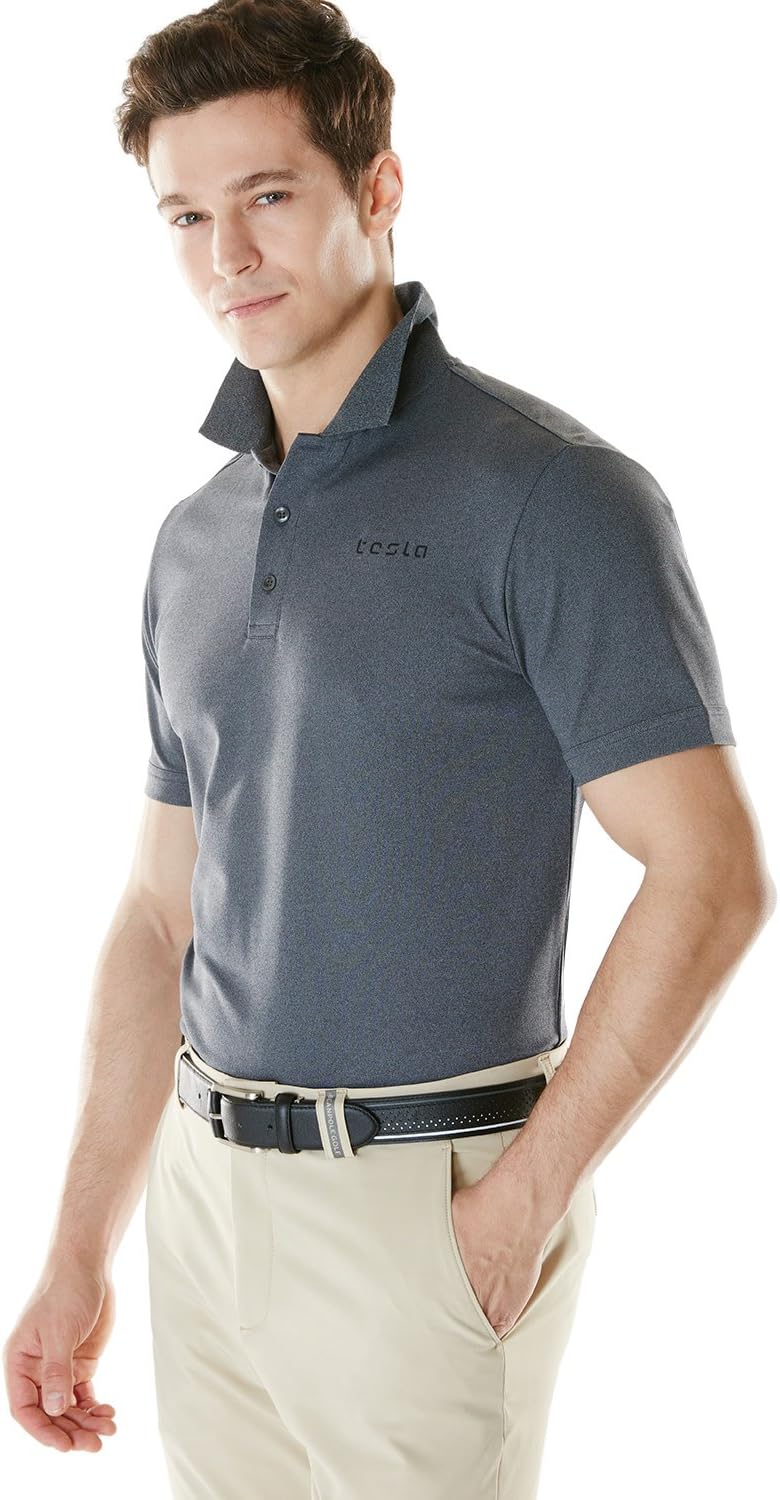 TSLA Men's Dri Flex Tech Polo Premium Active Fit Solid Top Shirt, Driflex Polo(mtk02) - Heather Grey, Large.