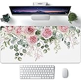Desk Mat,Peony Flowers and Eucalyptus Leaves Large Gaming Mouse Pad for Desk XXL,Pink Floral Desk Pad,Extended Big Computer Keyboard Mouse Pad with Non-Slip Base Stitched Edges 35.4"x15.7"