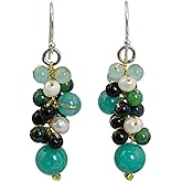 NOVICA Artisan Handmade Cultured Pearl Cluster Earrings Thai Green Agate Quartz Sterling Silver Plated Carnelian Glass Bead Black Beaded Dangle Thailand Bohemian Birthstone [1.8 in L x 0.4 in W] '