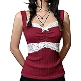 Women Sleeveless Coquette Tank Tops Fairy Grunge Lace Patchwork Cami Shirt Ribbed Knit Aesthetic Clothes