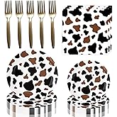 96 Pcs Brown Black Cow Print Party Decorations Tableware Set for Adult Teens Kids Baby Shower Includes Plates Napkins Forks Farm Birthday Theme Party Supplies for 24 Guests