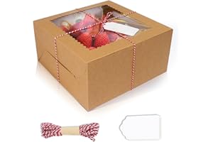 DOYIDE 20Pcs 10 Inch Cake Boxes with Window, 10x10x5 Inches Brown Bakery Boxes, Cake Carrier Container for Pastries, Pie, Coo