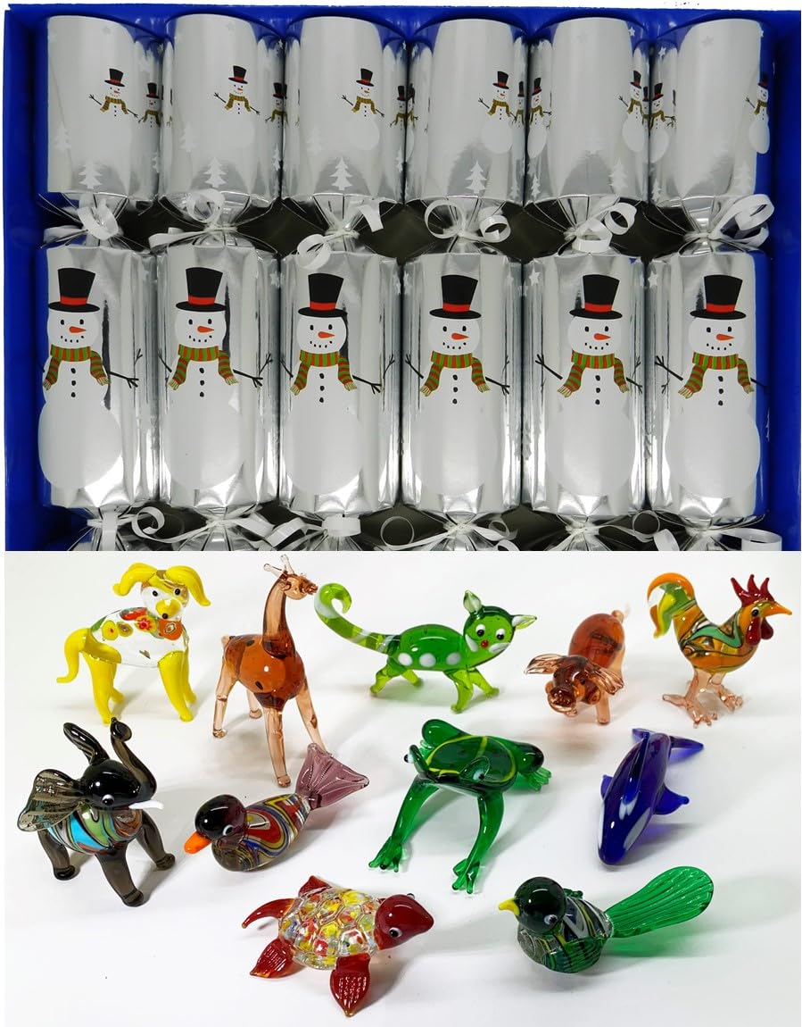 Crackers Ltd Set of 6 Large Glass Animal Figurine Festive Snowman Design Silver Christmas Crackers