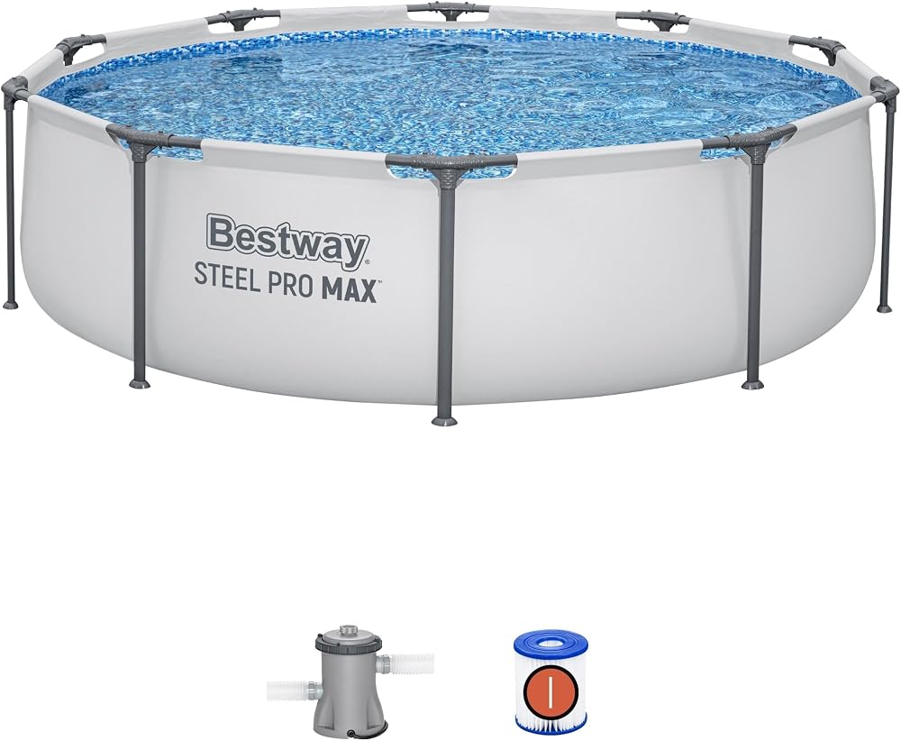 Bestway MAX Steel Pro Round Frame Pool 10 ft with Filter Pump Grey Multicolour
