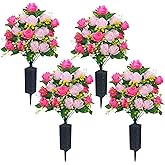 Lodou 4 Sets Artificial Cemetery Flowers, Memorial Flowers Bouquet with Cemetery Vase,Artificial Rose Bouquet Graveyard Memorial Flowers for Graveyard Headstones Decoration (4, Powder Red)