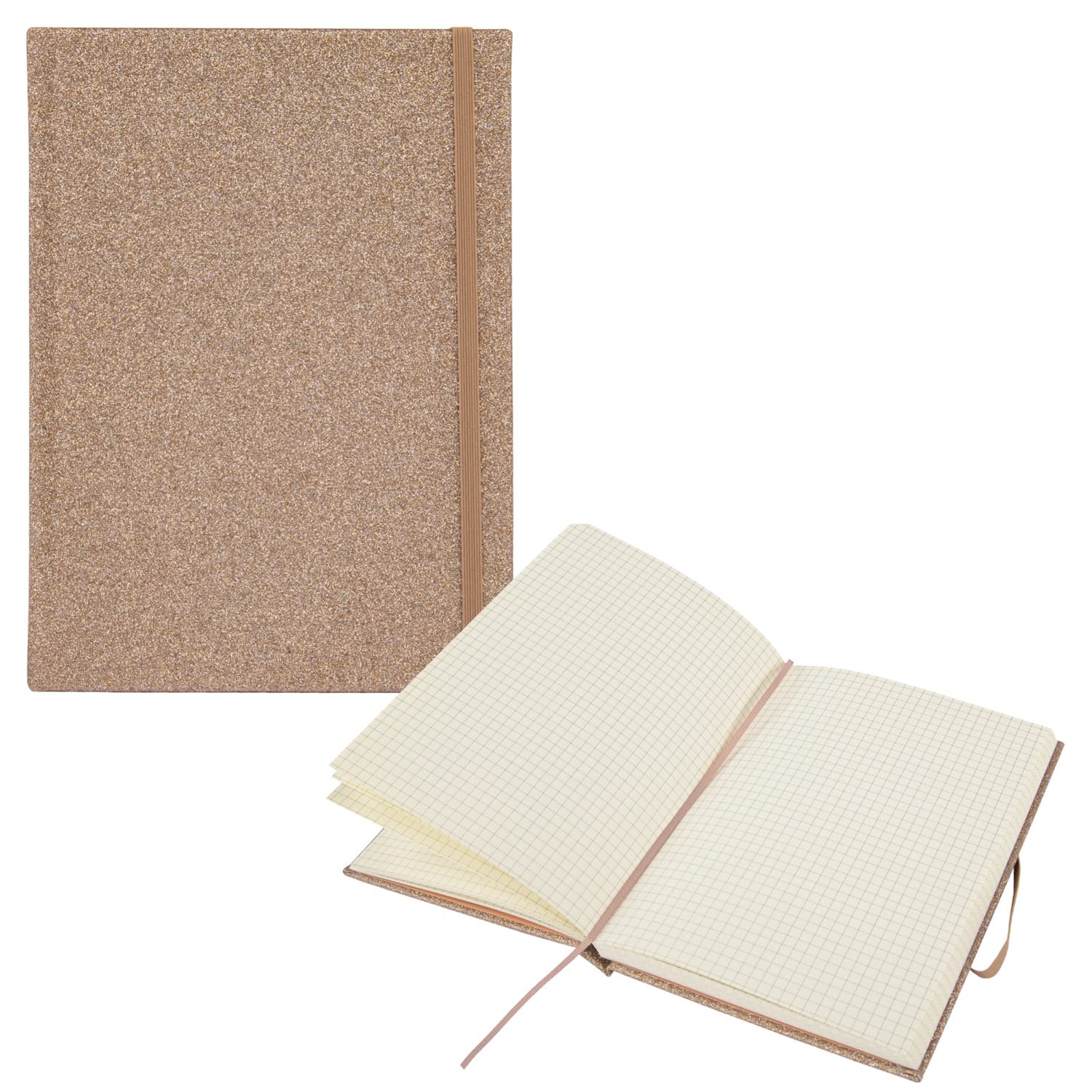 Idena 12256 Glitter Notebook Champagne 14 x 20 cm Squared 100 g/m² 160 Sheets with Document Pocket Bookmark Ribbon and Elastic Closure Pack of 1