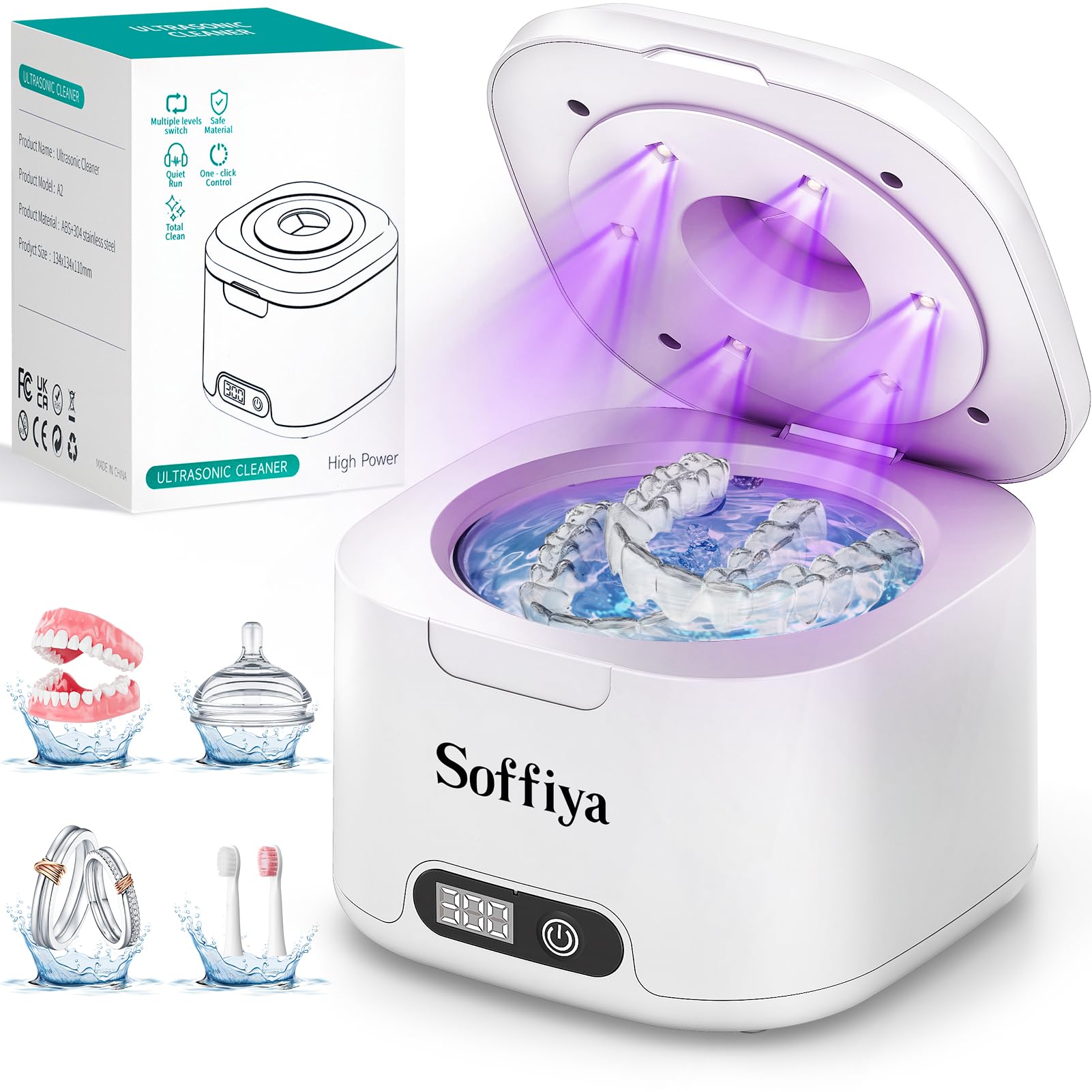 Photo 1 of ** FOR PARTS ONLY **Dental Ultrasonic Retainer Cleaner Machine: Soffiya 49kHz Denture Cleaner with 350ML for Cleaning Dentures, Mouth Guards, Aligner, Braces, Toothbrush Head & Jewelry - UV Cleaner with 4 Digital Timers