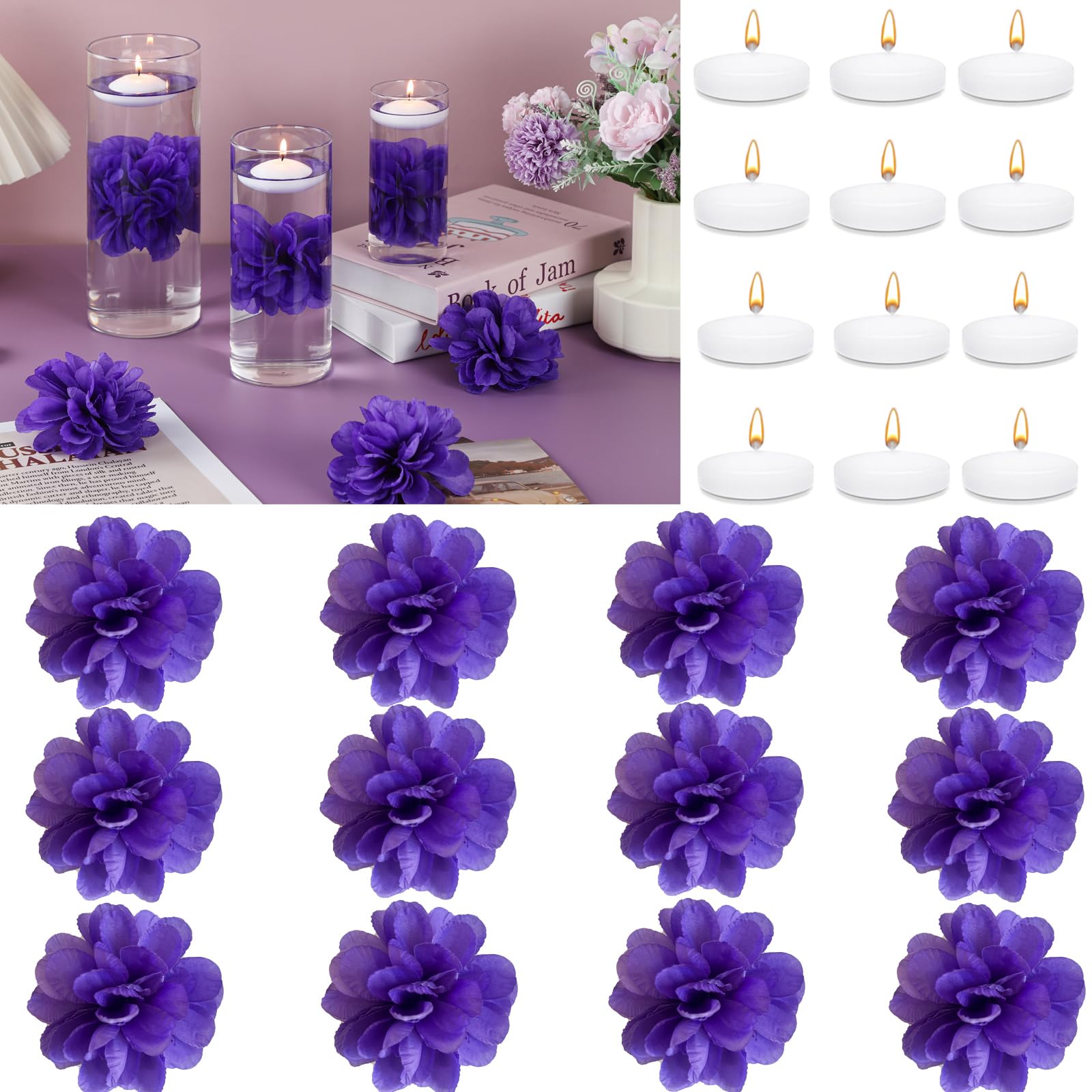 Photo 1 of 24 Pcs Floating Candles for Centerpieces and Floating Flowers Vase Fillers for Centerpieces Artificial Purple Flowers for Wedding Table Party Home Decoration