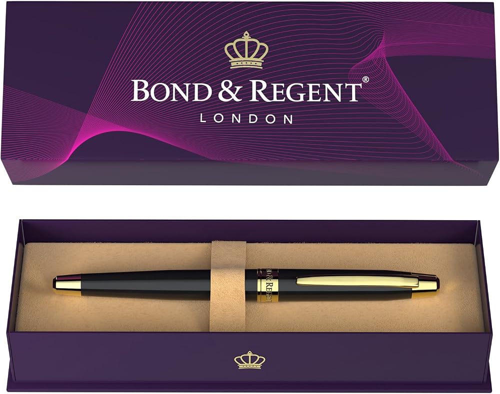 Bond & Regent Gloss Black and 24 Karat Gold Rollerball Pen Luxury Gift